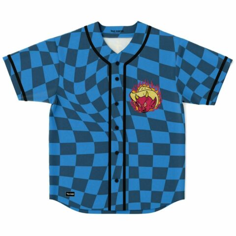 Blue warped checkerboard rave baseball jersey with flaming devil cowboy patch on chest