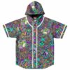Hooded rave baseball jersey with psychedelic skull and frog trippy print front view