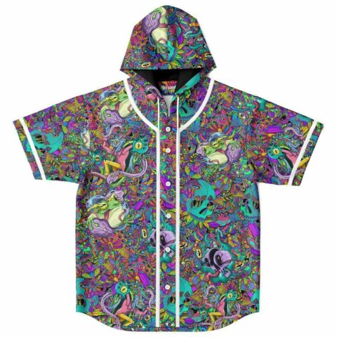 Hooded rave baseball jersey with psychedelic skull and frog trippy print front view
