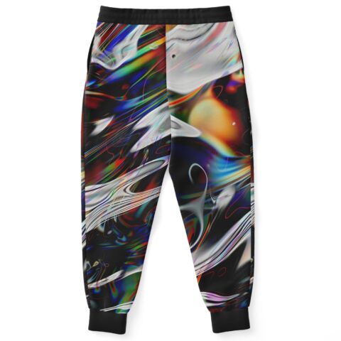 A pair of Glitch Joggers with an abstract design on them.