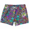 Teal skull psychedelic rave swim trunks with mushrooms and eyes front view flat lay