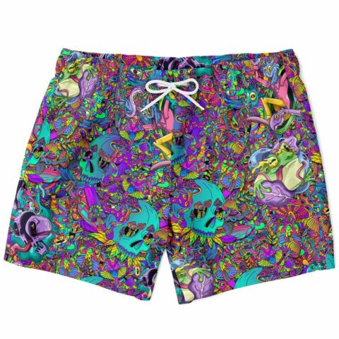 Teal skull psychedelic rave swim trunks with mushrooms and eyes front view flat lay