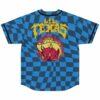 Back view of jersey showing Lil Texas text above flaming devil cowboy design on checkerboard
