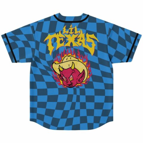 Back view of jersey showing Lil Texas text above flaming devil cowboy design on checkerboard