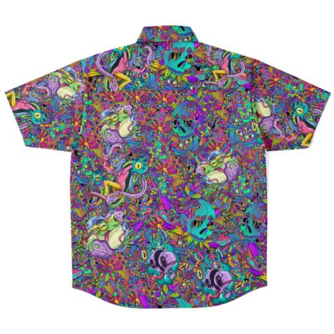 Button-up shirt back view with intricate playful bright designs
