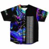 Front view of oil slick liquid marble baseball jersey with repeating Fred again.. text down
