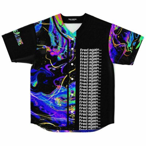 Front view of oil slick liquid marble baseball jersey with repeating Fred again.. text down