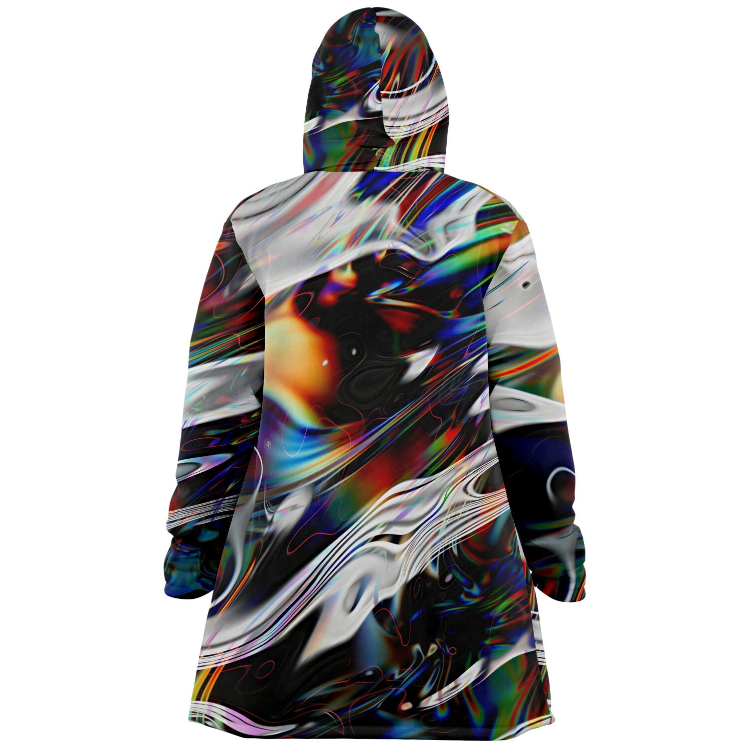 A women's hooded coat, the Glitch Rave Cloak, with a colorful abstract design.