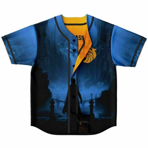 Blue side of reversible jersey folded open showing orange interior with lion emblem