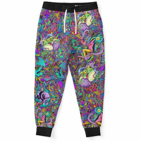 Trippy skull and frog psychedelic joggers front view with black drawstring waist
