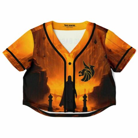 An Alejandra Cropped Baseball Jersey V1 with an image of a man standing in front of a fire.