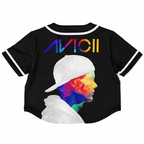Black cropped baseball jersey back view with colorful profile design
