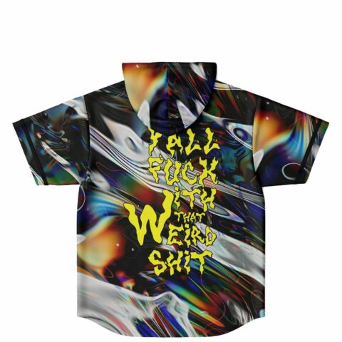 Y'ALL FUCK WITH THAT WEIRD SHIT text on chrome swirl print jersey back view
