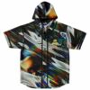Chrome liquid swirl hooded baseball jersey with bass-inspired eye logo front view