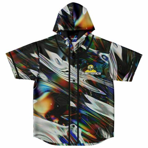 Chrome liquid swirl hooded baseball jersey with bass-inspired eye logo front view