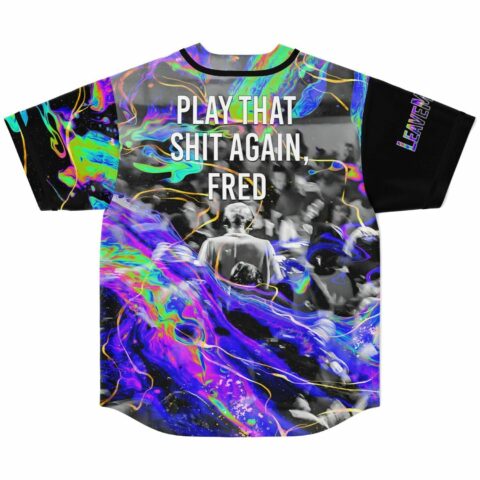 Back view of jersey showing crowd photo print and Play That Shit Again Fred text