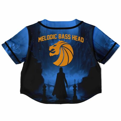 A black and blue Alejandra Cropped Baseball Jersey V2 with the words melodic pass head on it.