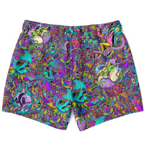 Neon skull and creature print swim trunks back flat lay with dense psychedelic pattern