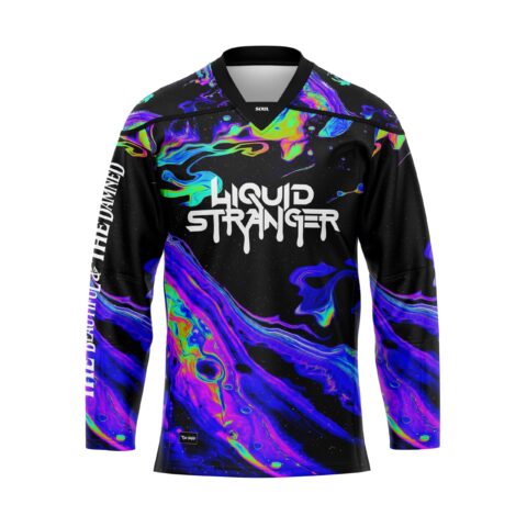 Black hockey jersey with vibrant liquid swirl design and logo