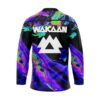 Back view of hockey jersey featuring colorful swirl and mountain logo