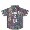 Back view of hooded jersey with psychedelic critter print and What A Life text