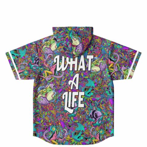 Back view of hooded jersey with psychedelic critter print and What A Life text