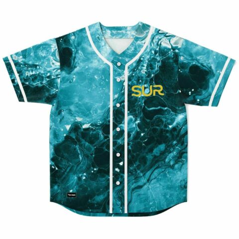 Teal swirling marbled rave baseball jersey with gold SUR logo front view
