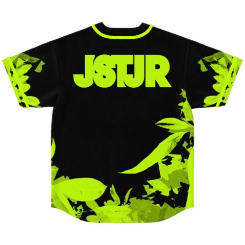 Neon green foliage print baseball jersey with JSTJR lettering across the back