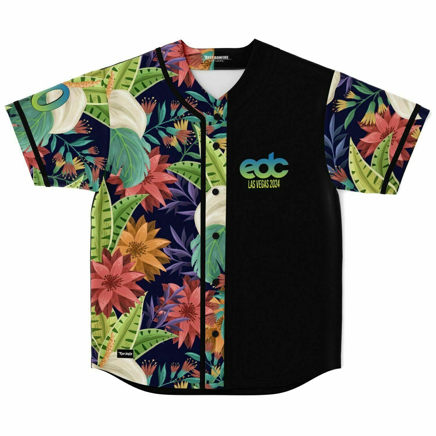A Ricky custom baseball jersey V1 with tropical flowers on it.
