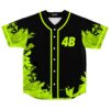 Black baseball jersey with neon green foliage print and 4B lettering, front view