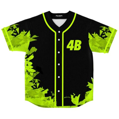 Black baseball jersey with neon green foliage print and 4B lettering, front view