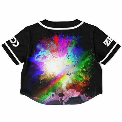 Black cropped baseball jersey back view with vibrant cosmic design