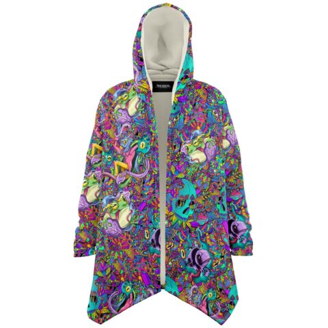Sherpa-lined rave cloak in psychedelic frog and skull collage print, front view open