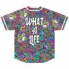 What A Life text on dense psychedelic acid trip pattern jersey back view