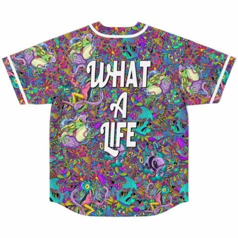 What A Life text on dense psychedelic acid trip pattern jersey back view