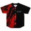 Red and black marbled liquid print baseball jersey with REZZ text, front flat lay