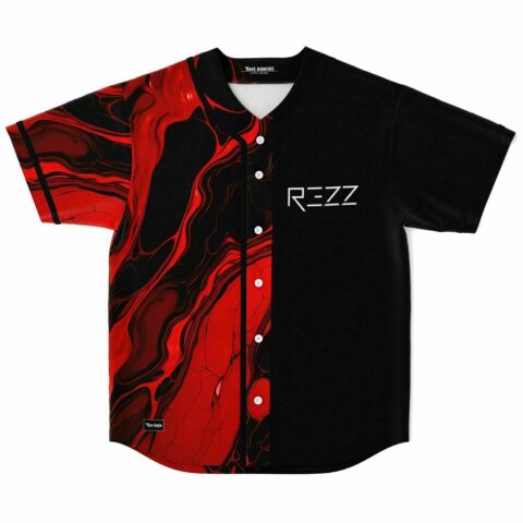 Red and black marbled liquid print baseball jersey with REZZ text, front flat lay