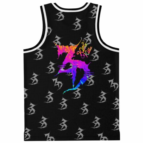 Back view of black rave jersey featuring rainbow tie-dye shark emblem and Killa Killa lettering