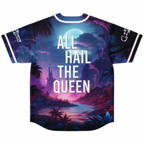 Rave baseball jersey back view with moonlit jungle print and All Hail The Queen text