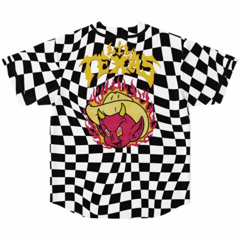Black and white warped checker jersey with flaming devil cowboy graphic and Lil Texas text
