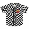 Warped checkerboard rave baseball jersey with flaming devil cowboy patch on chest, front view