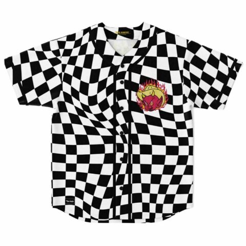 Warped checkerboard rave baseball jersey with flaming devil cowboy patch on chest, front view