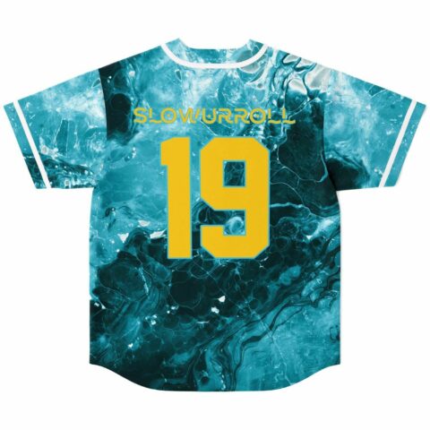 Back view of teal marbled jersey with SLOWURROLL text and gold number 19