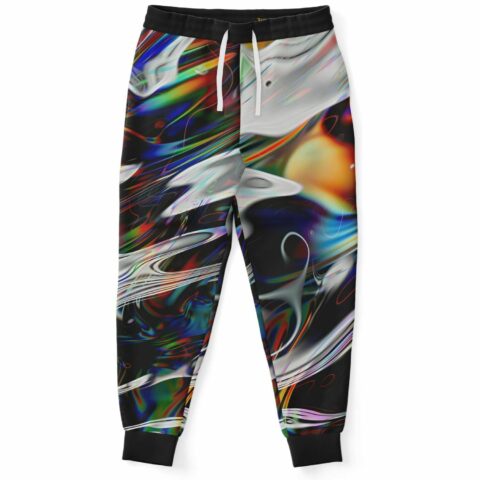 A black and white Glitch Jogger with a colorful design.