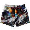 Neon acid trip swirl print swim trunks, black with rainbow glitch streaks, flat back view
