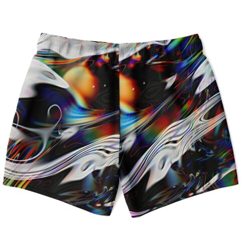 Neon acid trip swirl print swim trunks, black with rainbow glitch streaks, flat back view