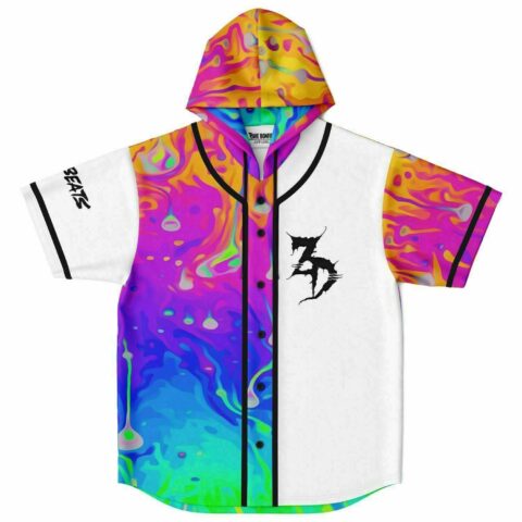 White hooded baseball jersey with melting liquid rainbow print and black cartoon claw logo