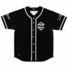 Black rave baseball jersey with circular tribal Z emblem on white button placket front view