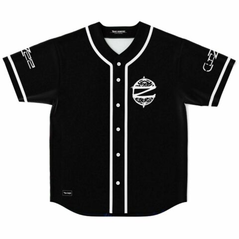 Black rave baseball jersey with circular tribal Z emblem on white button placket front view