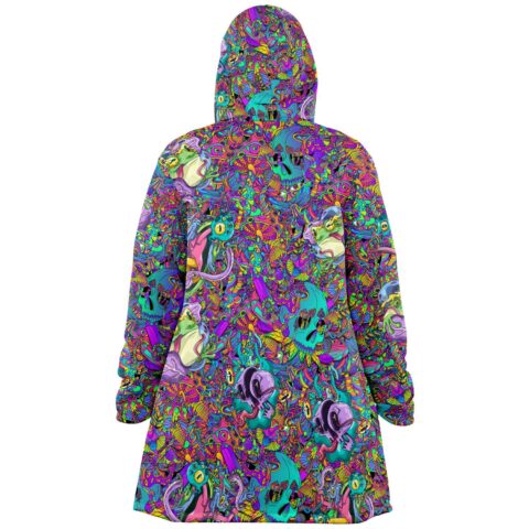 Rainbow dense collage rave cloak back view showing teal skulls and mushroom pattern